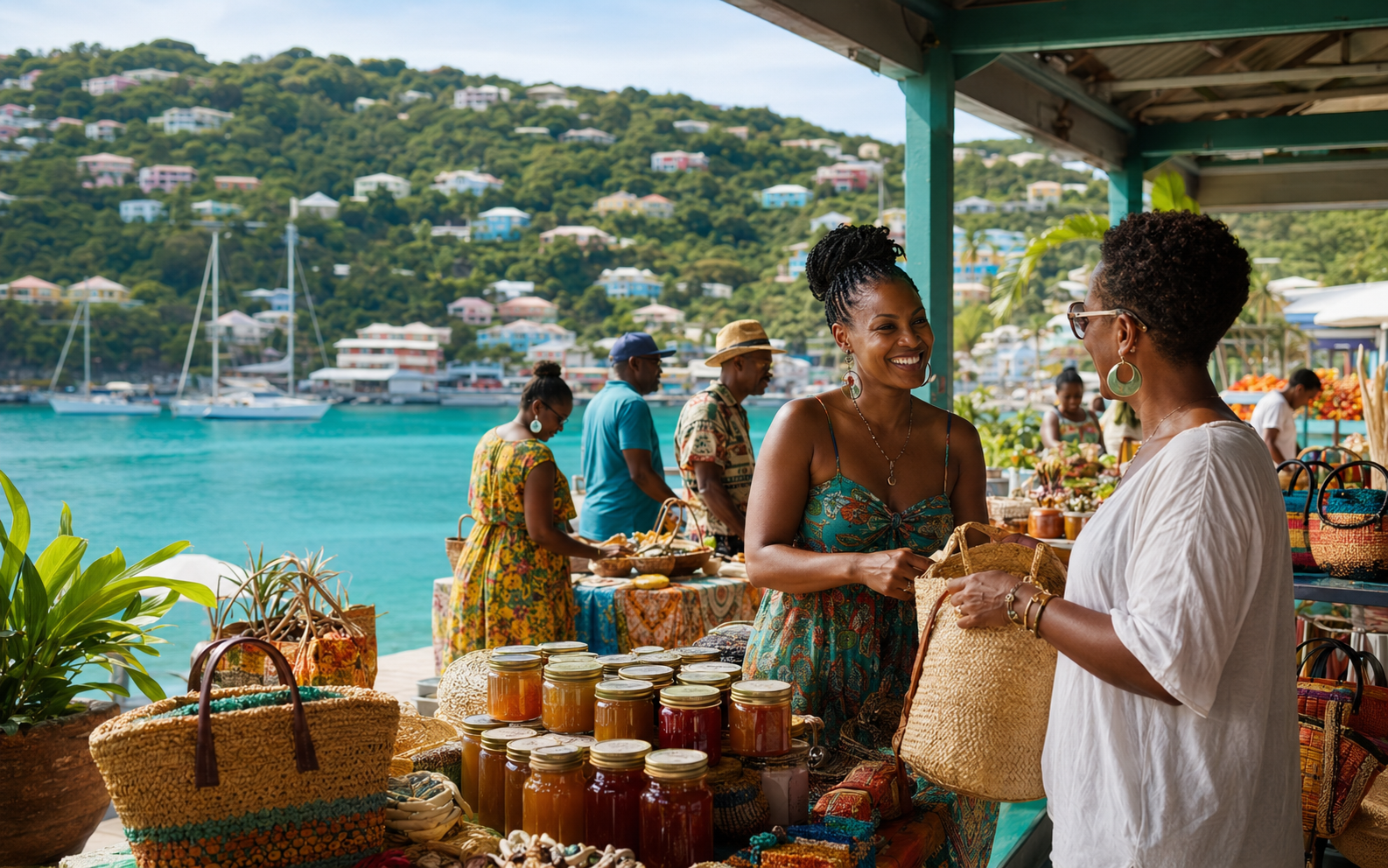 Local Virgin Islands entrepreneurs and shoppers at a waterfront market